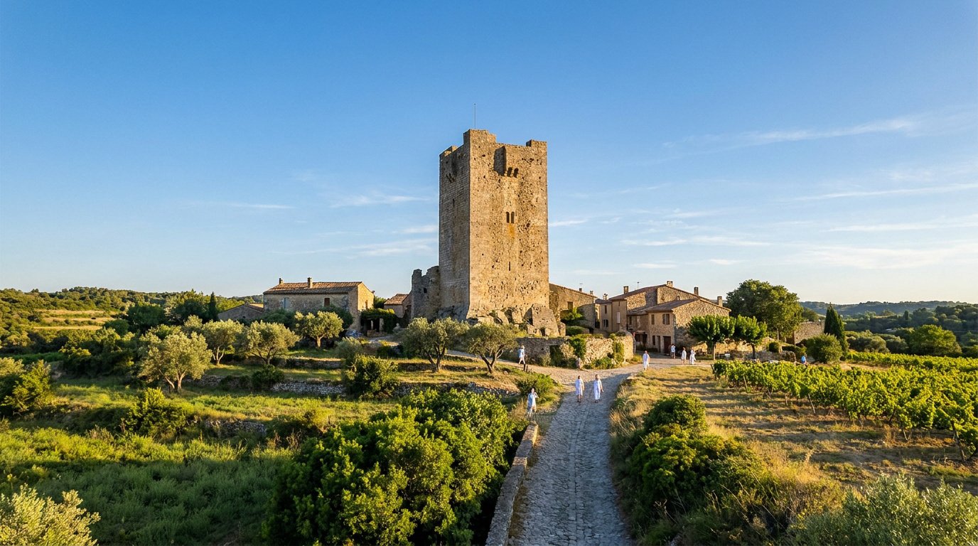 Vue panoramique du donjon médiéval de Boucoiran entouré de vignes et de champs sous un ciel bleu ensoleillé.