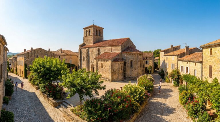 Place pavée historique avec une église en pierre entourée de maisons anciennes et de jardins fleuris.