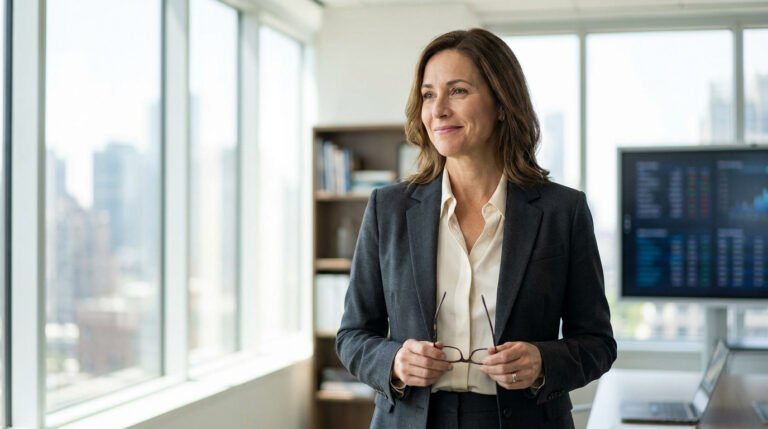 Florence Kieffer en tenue professionnelle, souriante dans un bureau lumineux avec vue sur la ville.