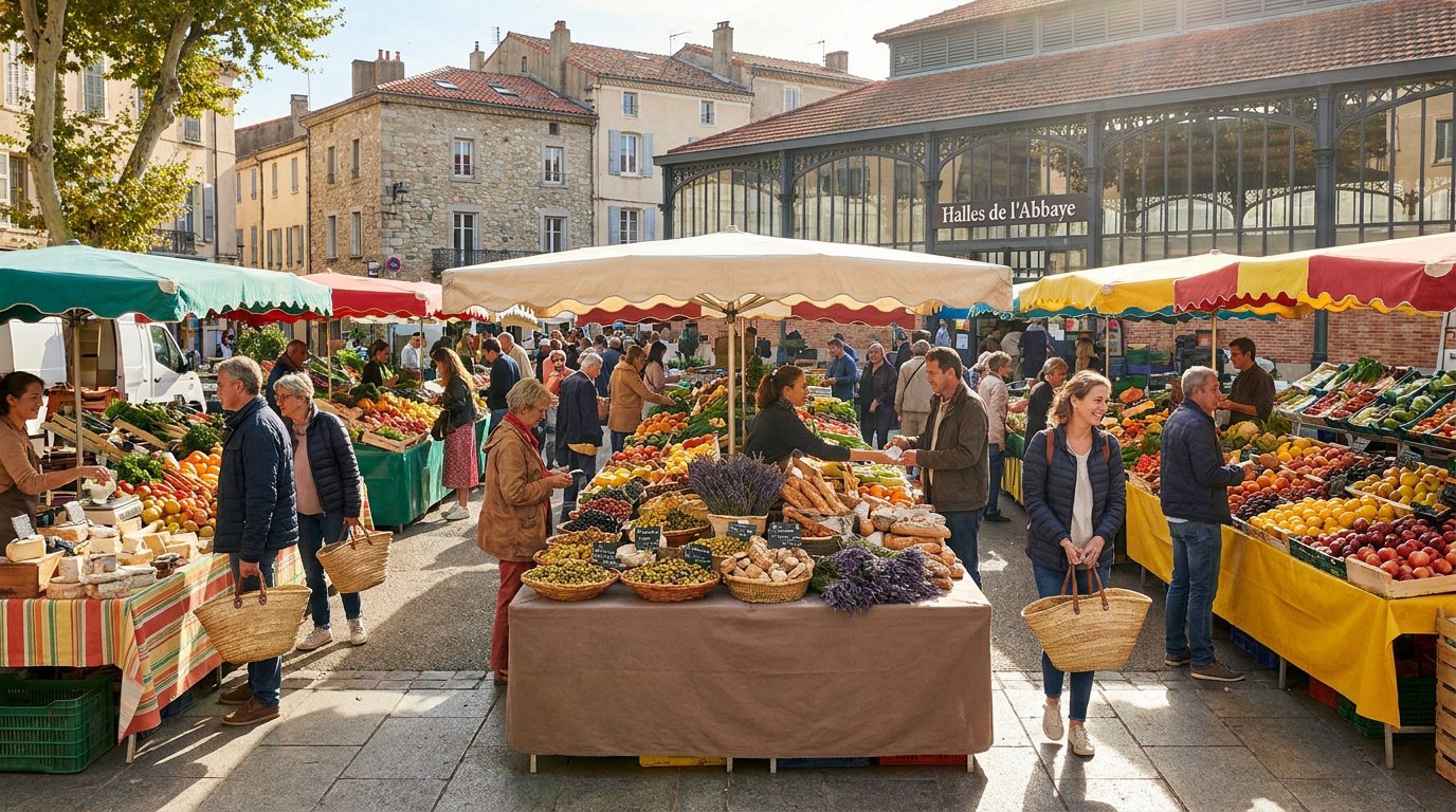 Étals colorés du marché d'Alès devant les Halles de l'Abbaye avec des clients faisant leurs courses sous les parasols.