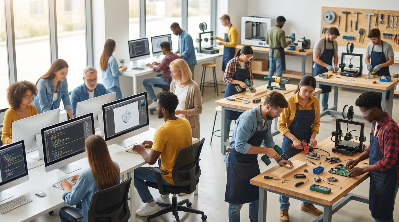 Un espace de travail collaboratif où des personnes travaillent sur des ordinateurs et des projets d'impression 3D.
