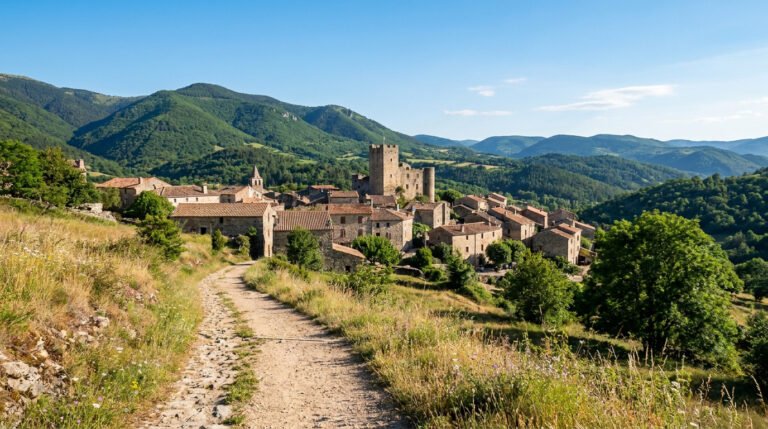 Vue panoramique d'un village médiéval en pierre surplombé par un donjon, entouré par les montagnes verdoyantes des Cévennes.