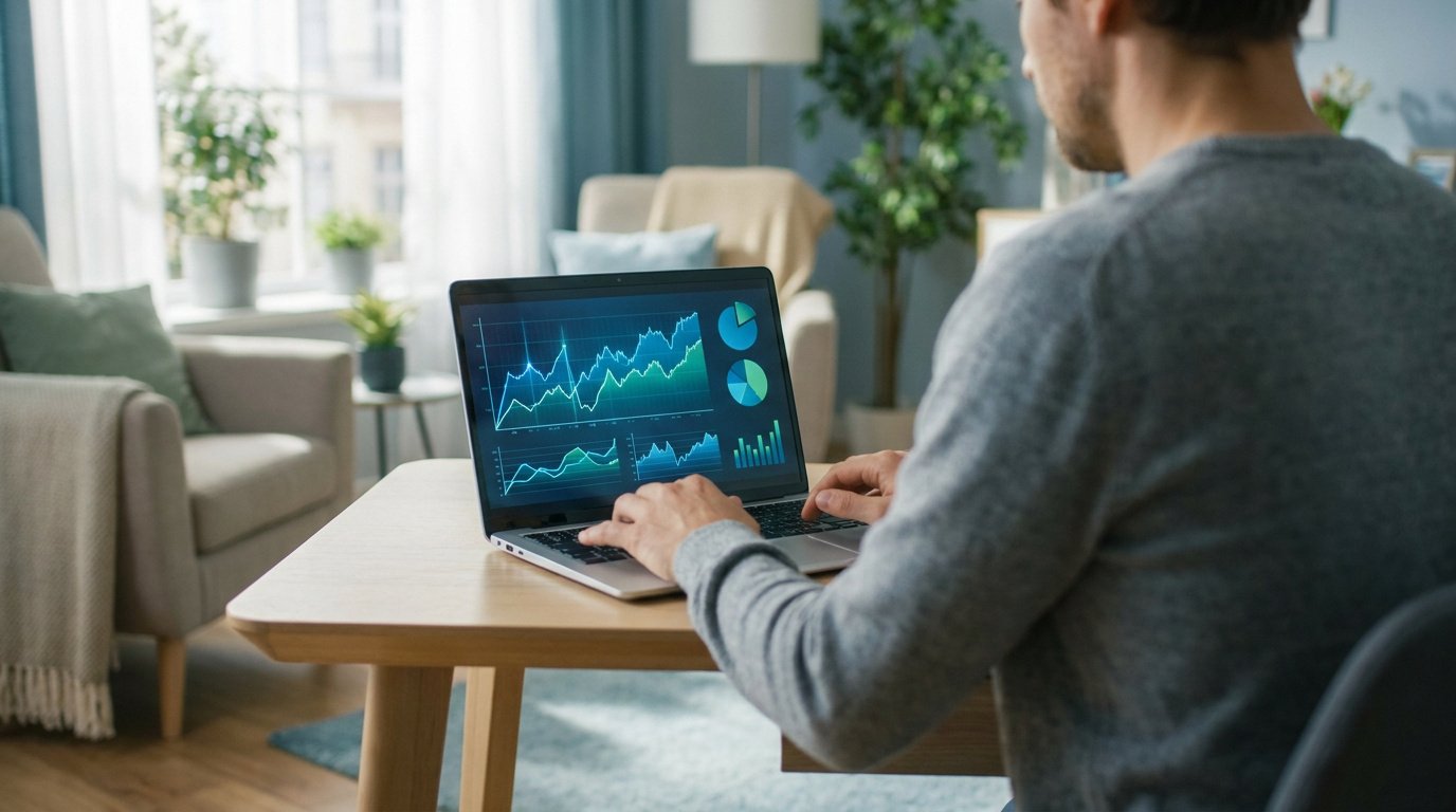 Un homme travaillant sur un ordinateur portable affichant des graphiques financiers dans un salon lumineux.