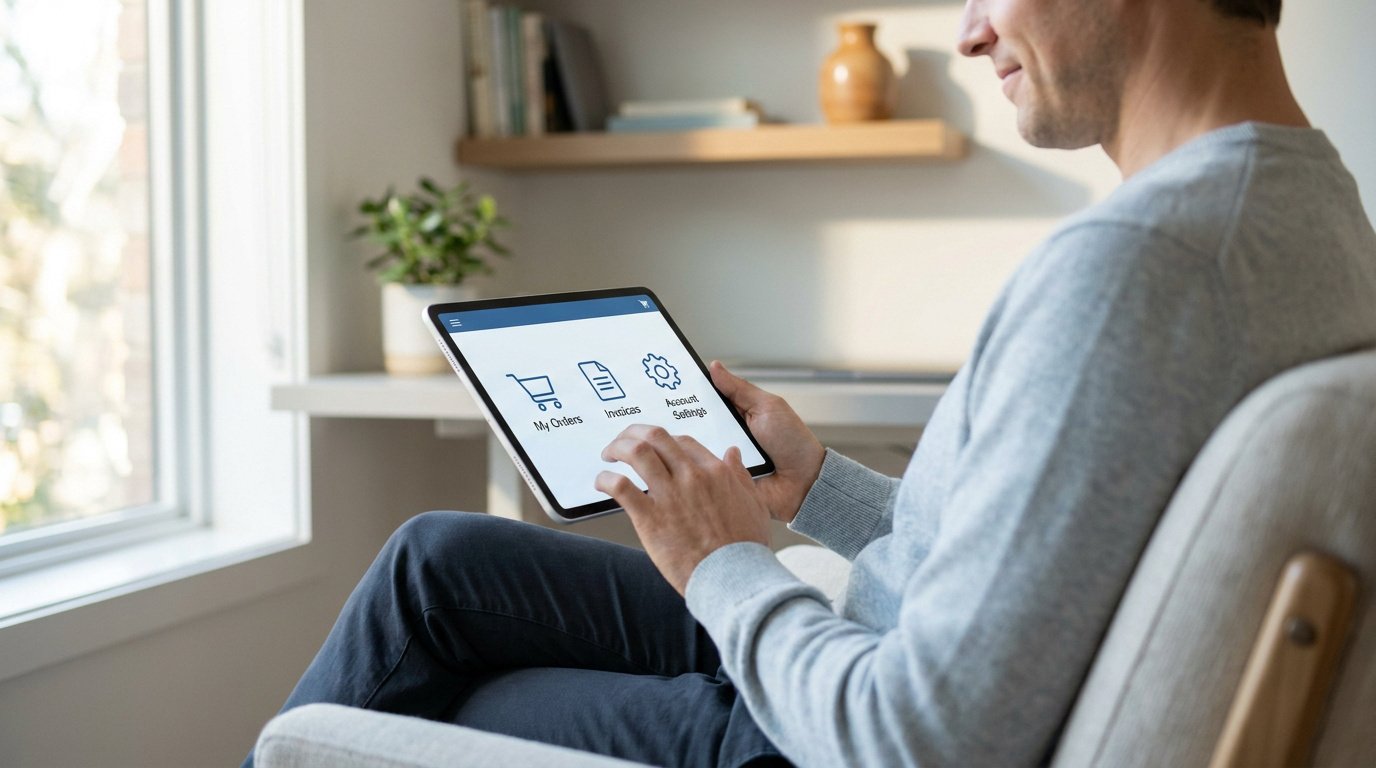 Un homme assis dans un fauteuil utilise une tablette affichant des options de gestion de compte et de suivi de commandes.