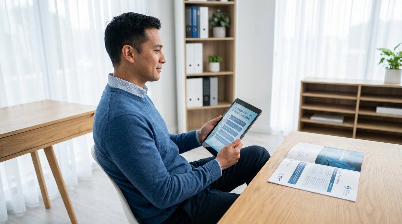 Un homme en pull bleu utilise une tablette numérique pour rechercher des informations médicales dans un bureau.