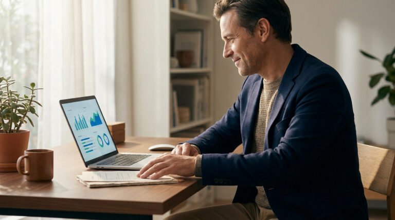 Un homme d'affaires souriant travaille sur son ordinateur portable montrant des graphiques financiers dans un bureau.