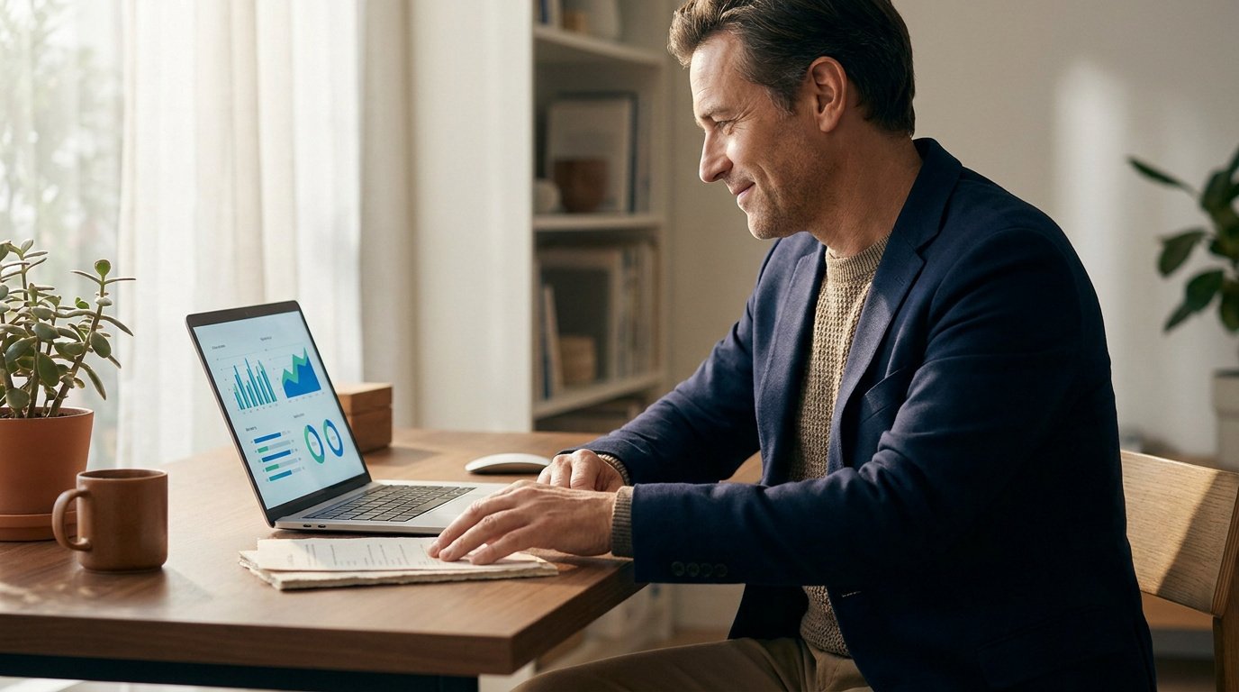 Un homme d'affaires souriant travaille sur son ordinateur portable montrant des graphiques financiers dans un bureau.