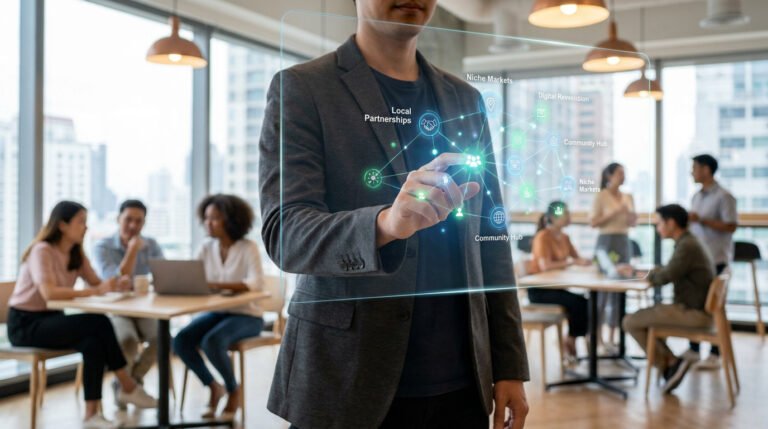 Un professionnel interagit avec une interface numérique holographique dans un espace de travail collaboratif.