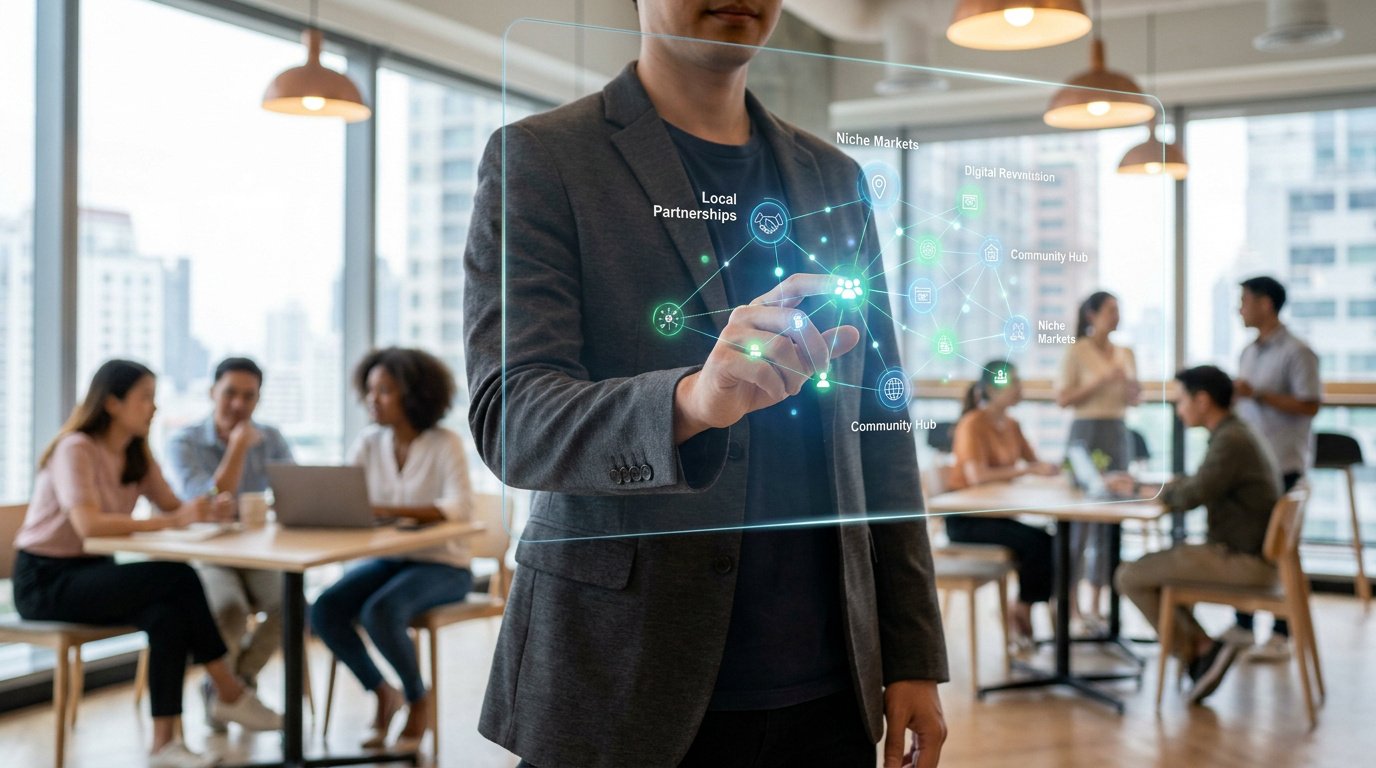Un professionnel interagit avec une interface numérique holographique dans un espace de travail collaboratif.