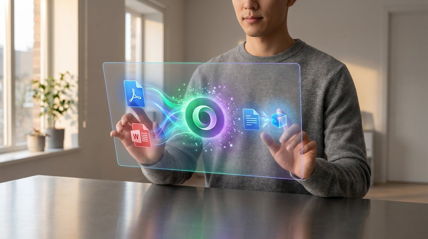 Un homme manipule une interface numérique holographique pour traiter des fichiers PDF et Word.