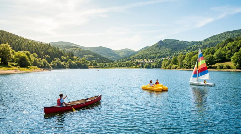 Lac de Villefort avec un canoë, un pédalo et un voilier sous un ciel ensoleillé.