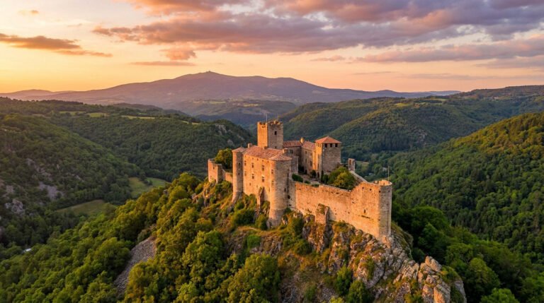 Vue aérienne du château de Portes perché sur une colline boisée sous un coucher de soleil doré.