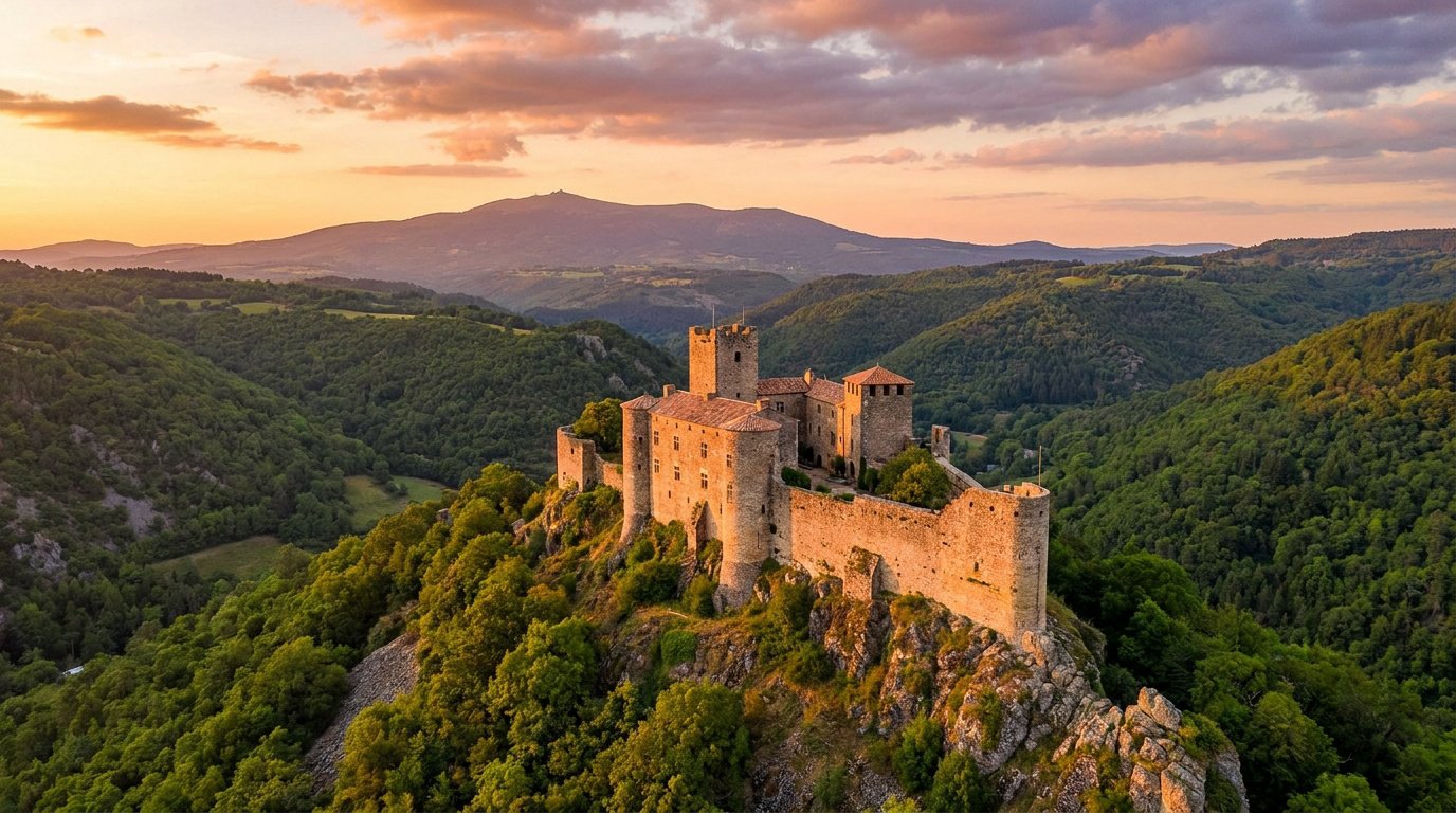 Vue aérienne du château de Portes perché sur une colline boisée sous un coucher de soleil doré.