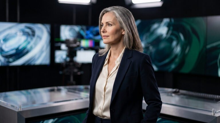 Alexia Laroche-Joubert, élégante en tailleur, posant dans un studio de télévision moderne.