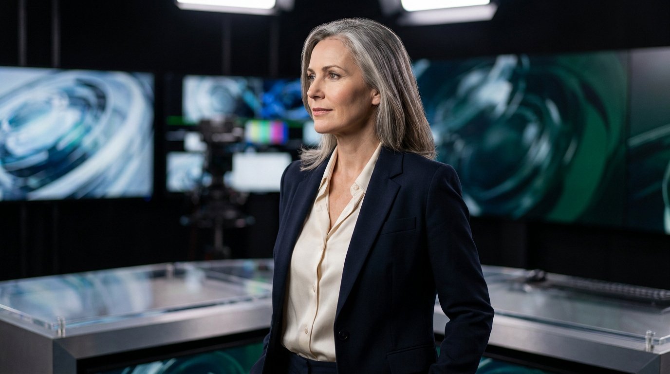 Alexia Laroche-Joubert, élégante en tailleur, posant dans un studio de télévision moderne.