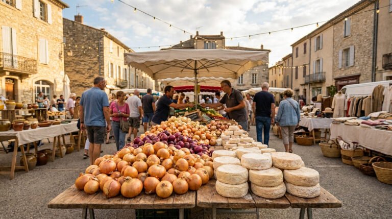 Étalage de marché avec des oignons et des fromages locaux dans une place de village ensoleillée à Anduze.