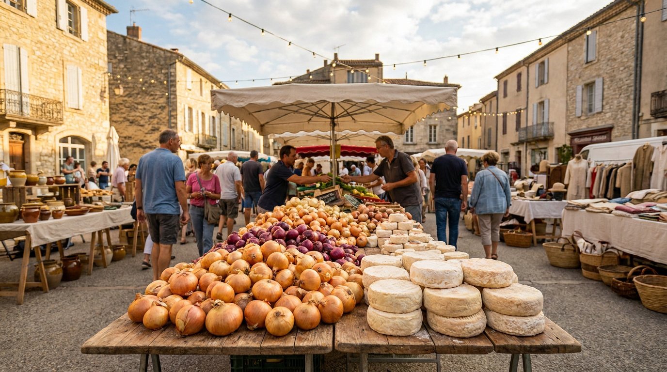 Étalage de marché avec des oignons et des fromages locaux dans une place de village ensoleillée à Anduze.