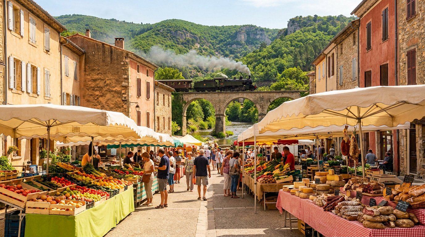 Marché en plein air avec étals de fruits, légumes et fromages sous des parasols, avec un train à vapeur en arrière-plan.