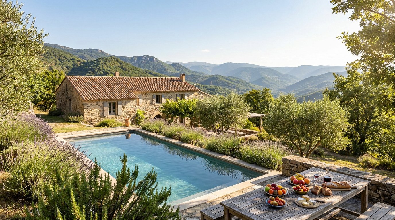 Piscine en pierre entourée de lavande avec une vue panoramique sur les montagnes cévenoles et une table garnie.