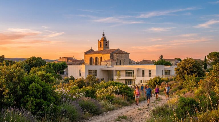 Un groupe de randonneurs marche sur un sentier bordé de lavandes devant une église ancienne et un bâtiment moderne.