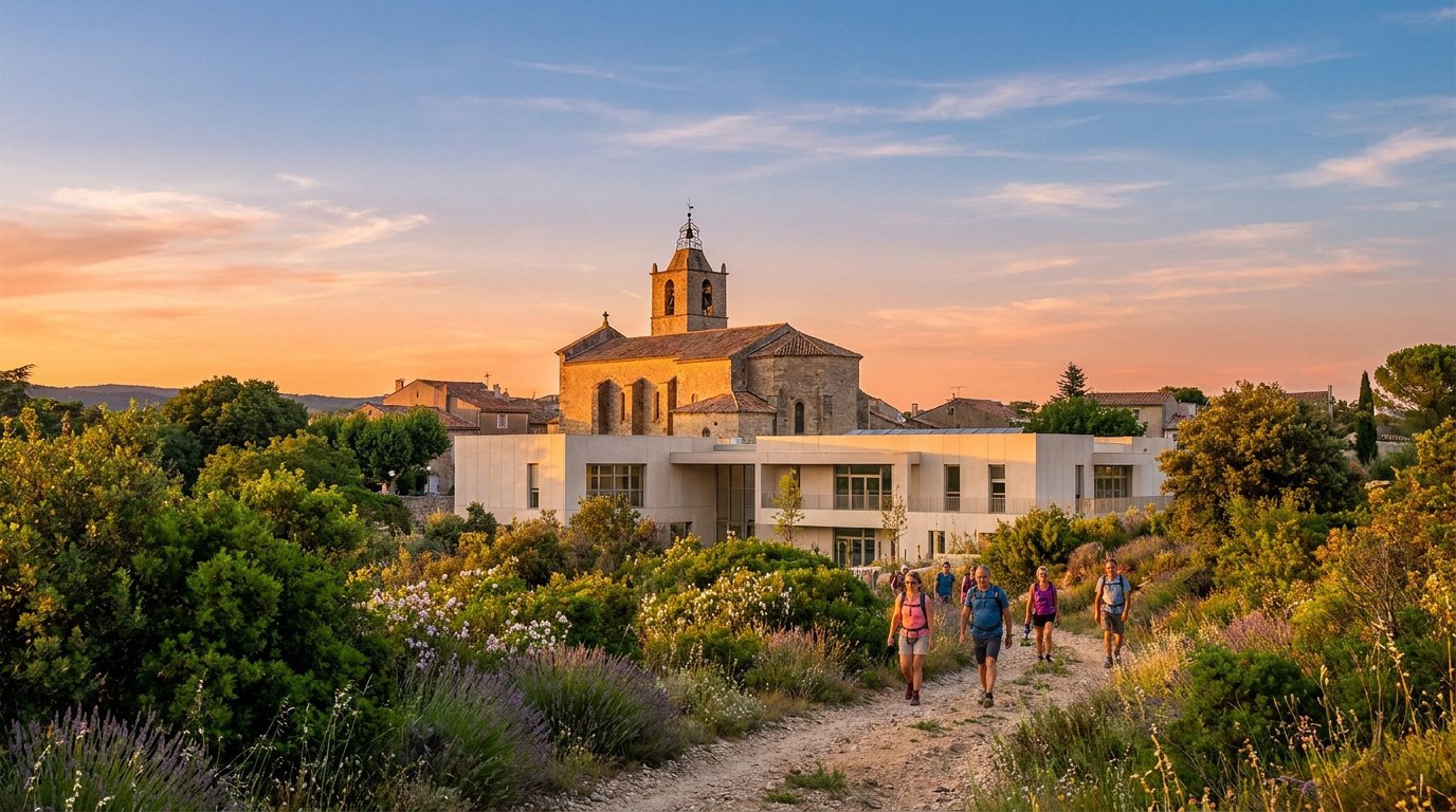 Un groupe de randonneurs marche sur un sentier bordé de lavandes devant une église ancienne et un bâtiment moderne.