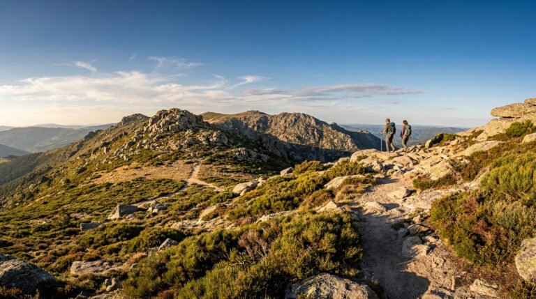 Deux randonneurs sur un sentier rocheux au mont Lozère sous un ciel bleu dégagé.