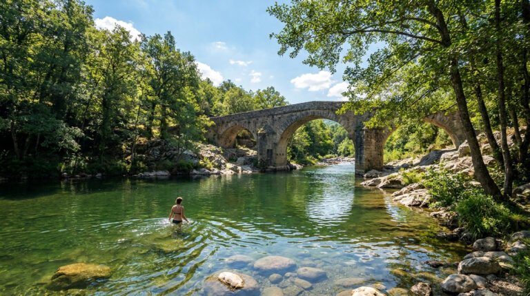 Une femme se baigne dans l'eau cristalline d'une rivière sous le pont historique des Abarines à Mialet.
