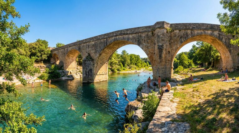 Des baigneurs profitent du pont des Camisards à Mialet avec des personnes sautant dans l'eau cristalline.