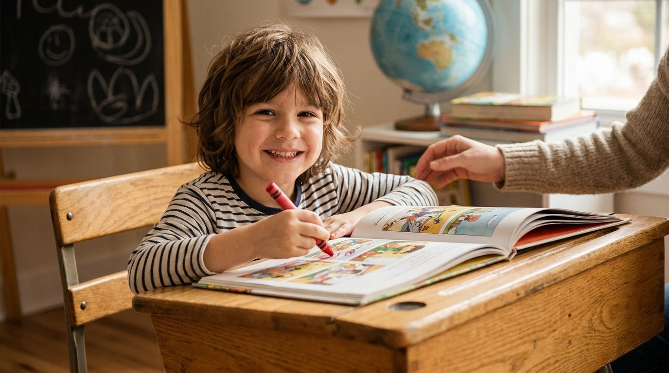 Jeune enfant souriant assis à un pupitre d'école, tenant un crayon rouge et regardant un livre illustré.