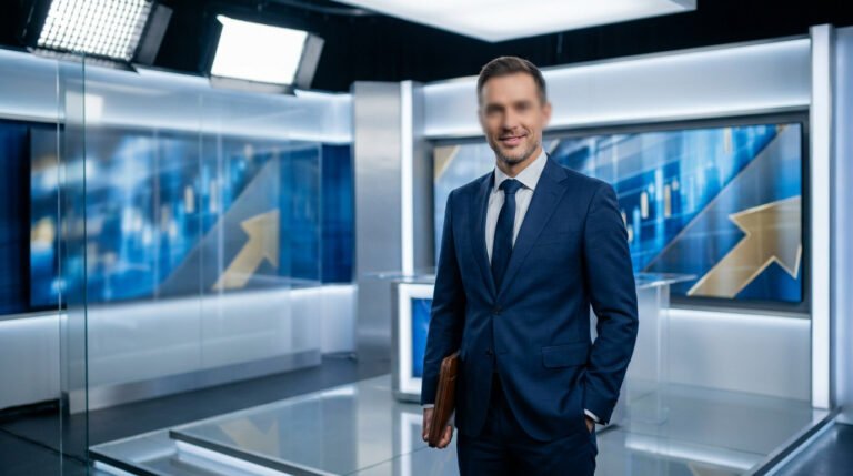 Un présentateur télé en costume sur un plateau de télévision moderne avec des graphiques financiers en arrière-plan.
