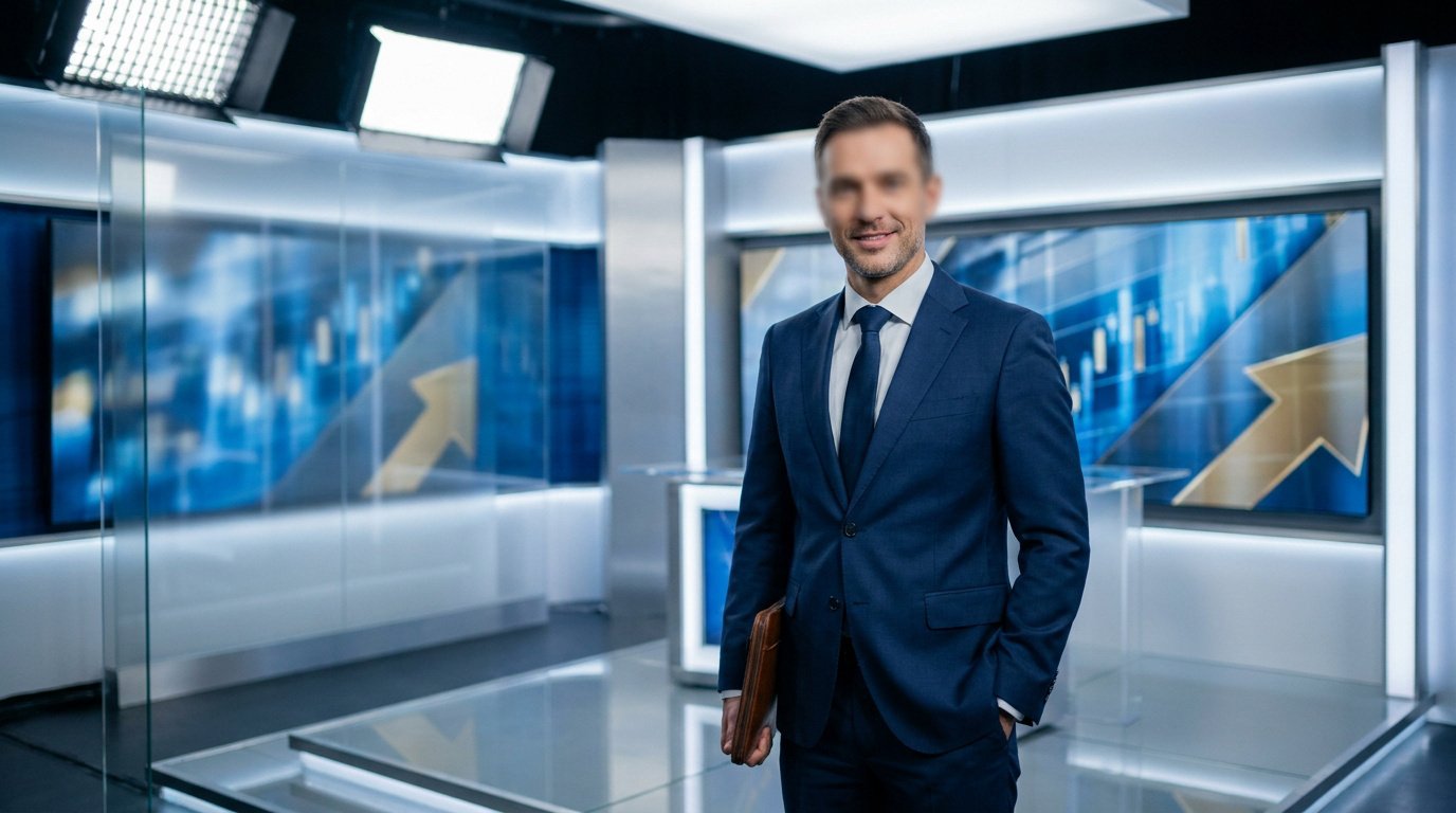 Un présentateur télé en costume sur un plateau de télévision moderne avec des graphiques financiers en arrière-plan.