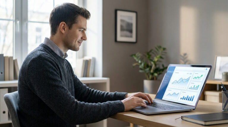 Un homme souriant travaille sur son ordinateur portable affichant des graphiques financiers dans un bureau lumineux.