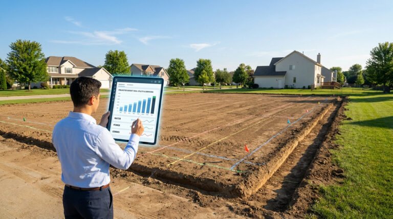 Un professionnel examine un graphique de budget sur une tablette numérique devant un terrain en construction.