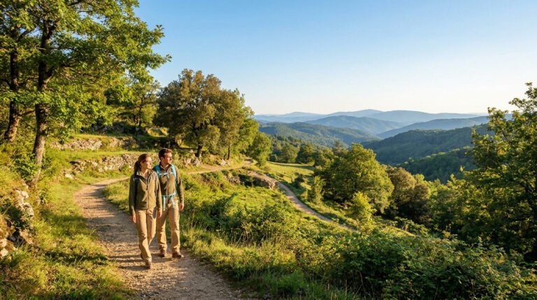 Un couple de randonneurs marchant sur un sentier ensoleillé avec une vue panoramique sur les montagnes des Cévennes.