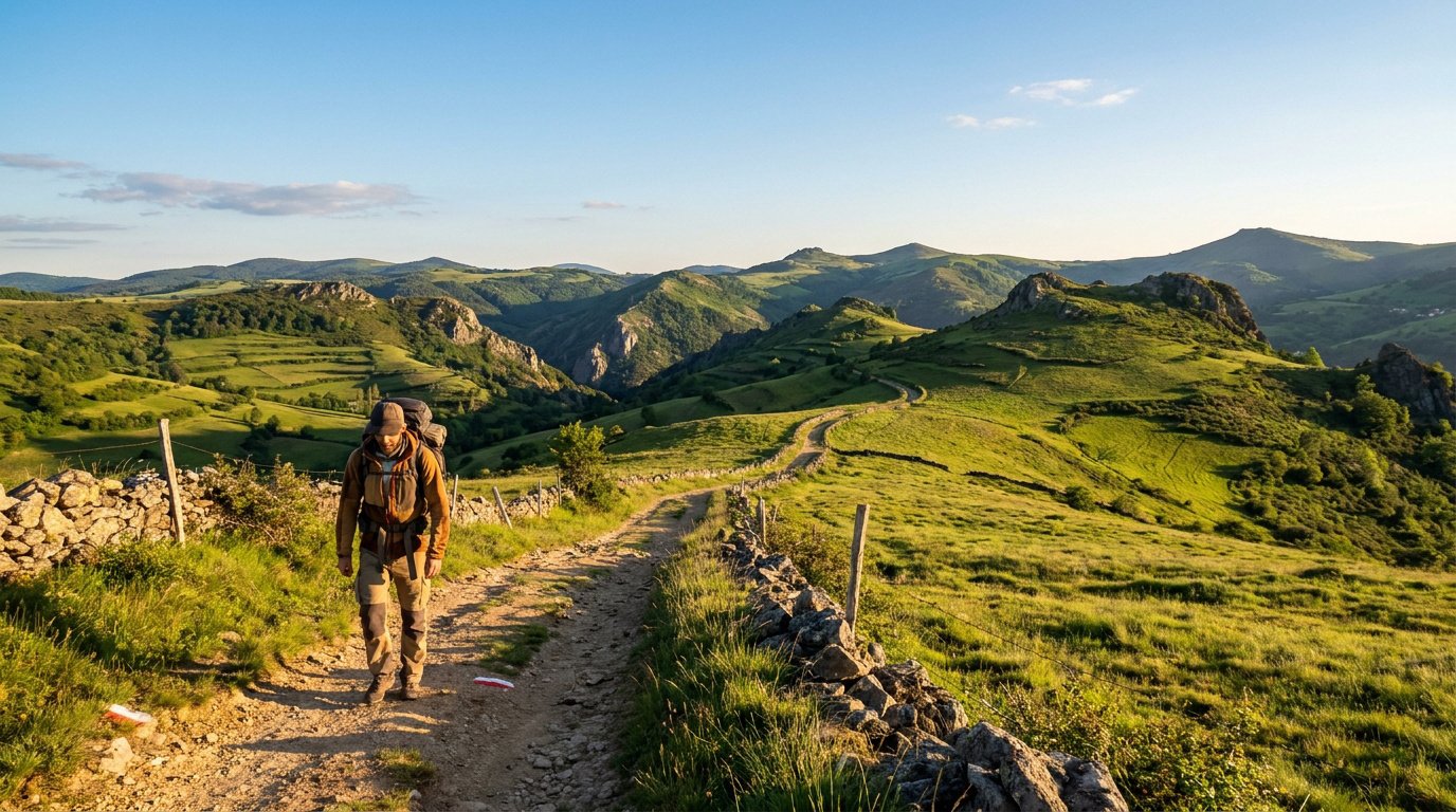 Un randonneur avec sac à dos marche sur un sentier en terre bordé de murets de pierre dans les montagnes verdoyantes.