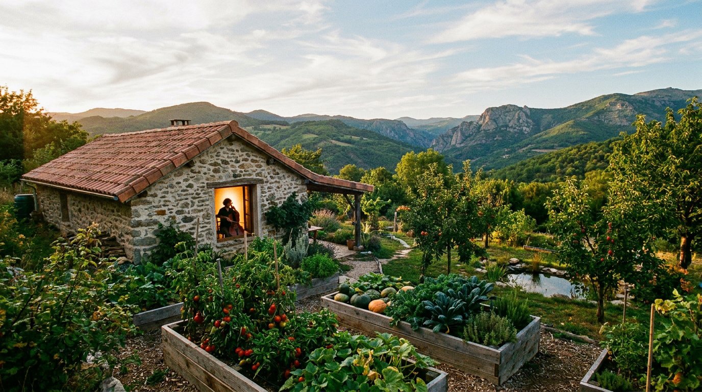 Julien Doré joue du violoncelle dans une maison en pierre entourée d'un potager avec les montagnes des Cévennes en fond.