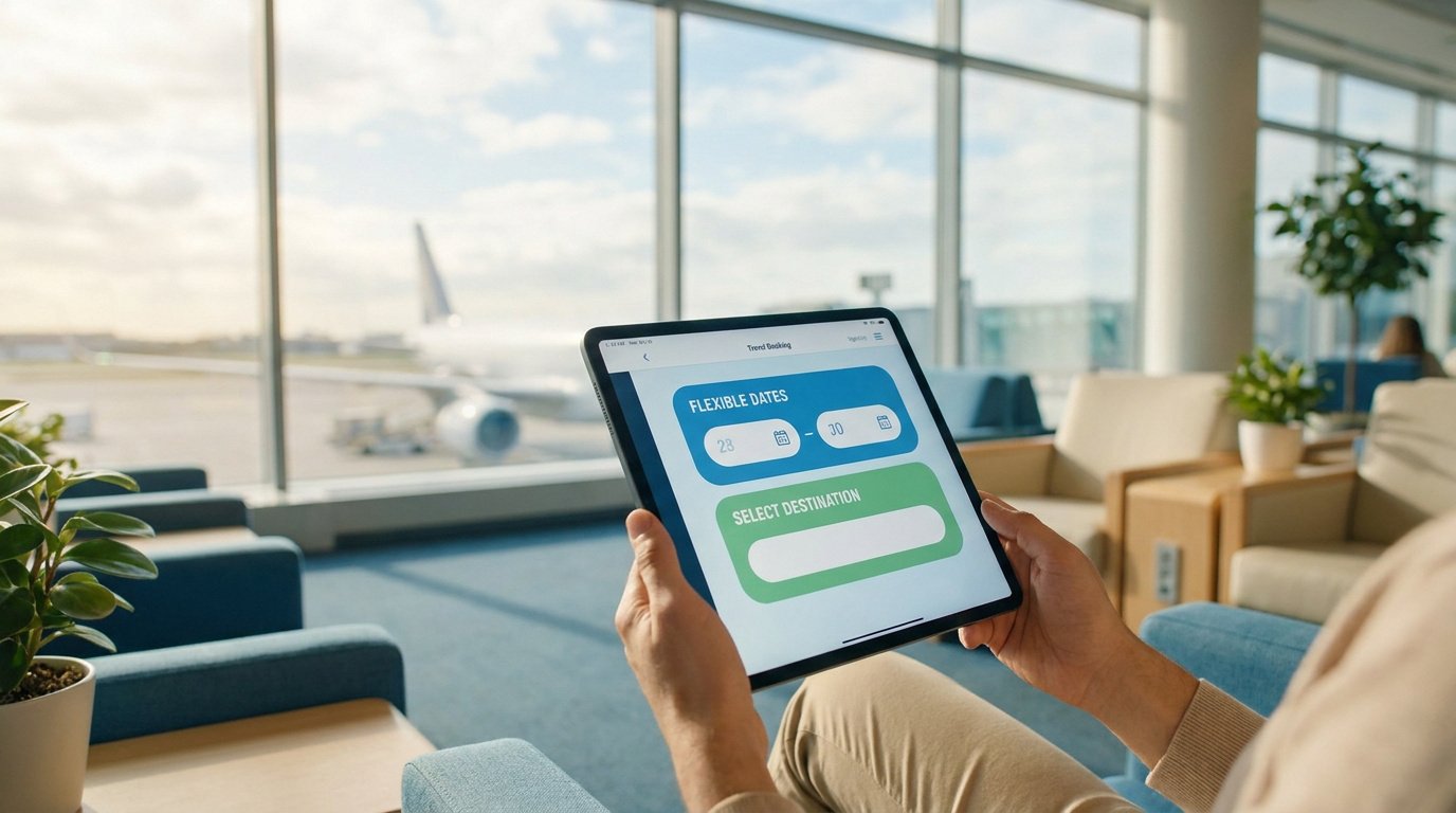 Une personne utilise une tablette pour réserver un vol avec des dates flexibles dans un aéroport avec avion en arrière-plan.