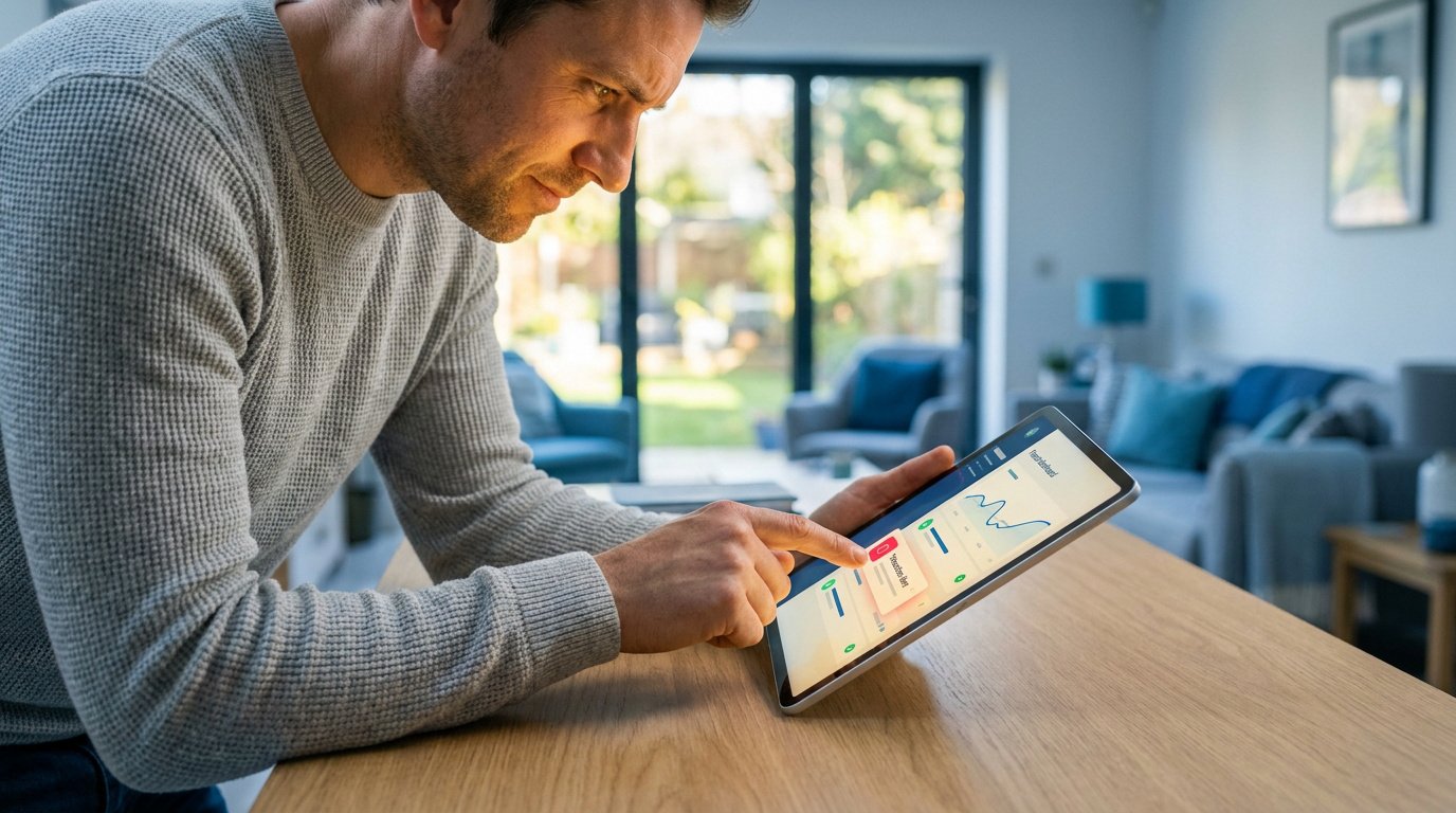 Un homme consulte un tableau de bord financier sur sa tablette à la maison.