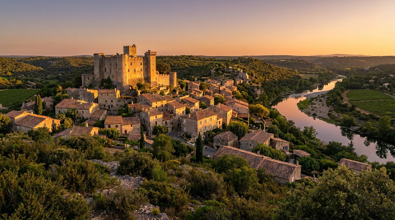 Vue panoramique d'un village médiéval avec un château surplombant une rivière au soleil couchant.