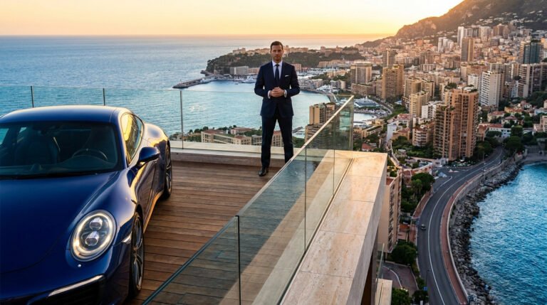 GMK en costume sur une terrasse surplombant Monaco avec une Porsche bleue au coucher du soleil.