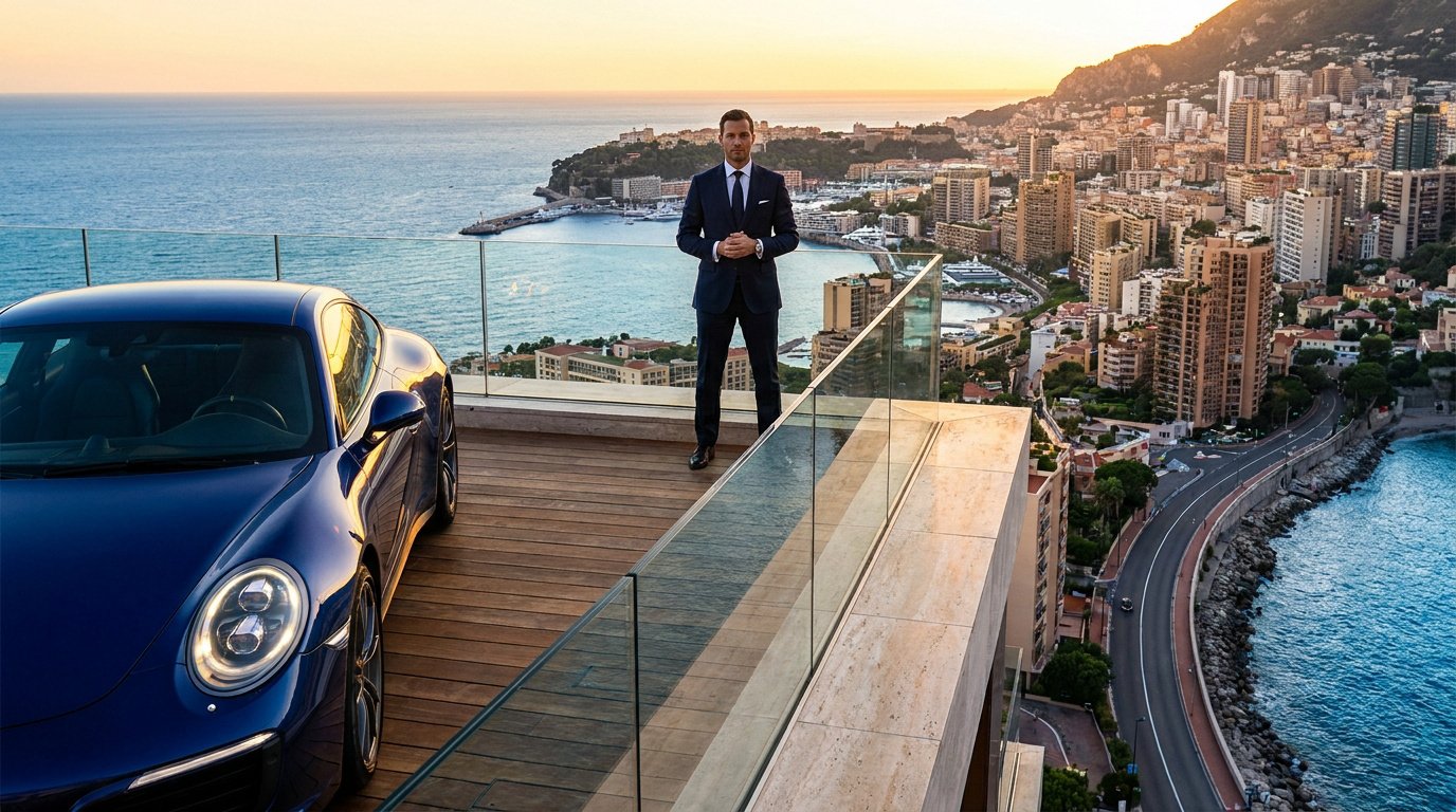 GMK en costume sur une terrasse surplombant Monaco avec une Porsche bleue au coucher du soleil.