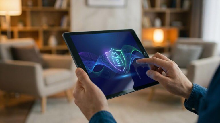 Mains tenant une tablette affichant une icône de bouclier avec un cadenas sur un fond ondulé numérique.