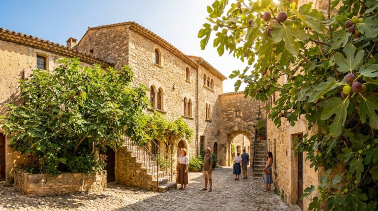 Des visiteurs déambulent dans une ruelle en pierre à Vézénobres, entourée de figuiers chargés de fruits.