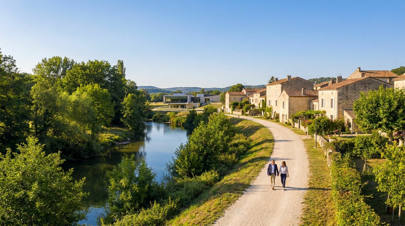 Couple marchant sur un chemin en bord de rivière à Méjannes-lès-Alès, avec des maisons anciennes et un bâtiment moderne.