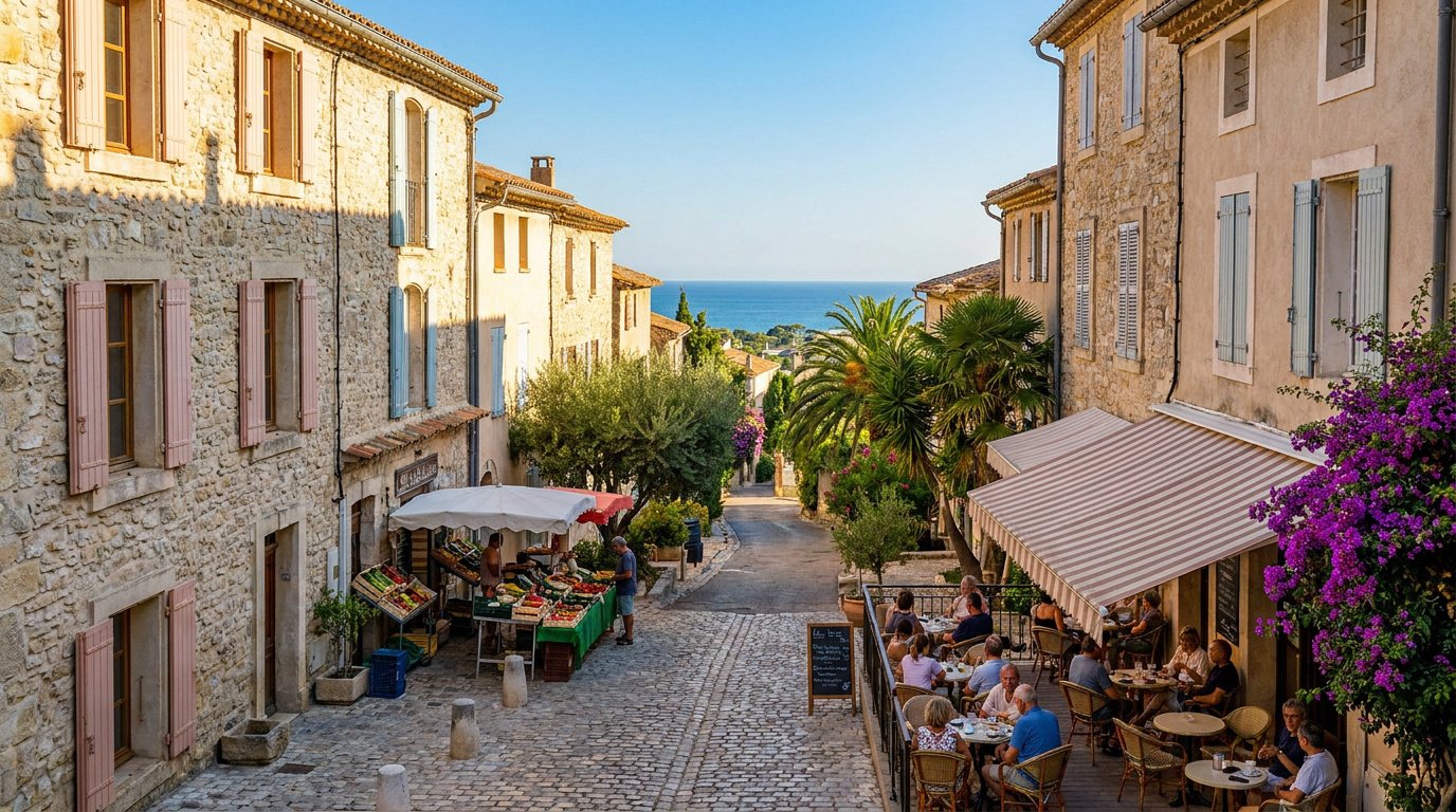 Rue pavée pittoresque à Mauguio avec des bâtiments en pierre, un marché de fruits et une terrasse de café face à la mer.