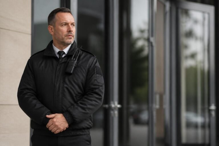 Agent de sécurité privée en uniforme devant l'entrée d'un bâtiment