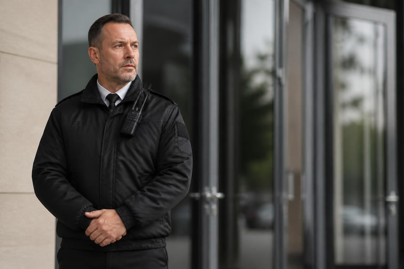 Agent de sécurité privée en uniforme devant l'entrée d'un bâtiment