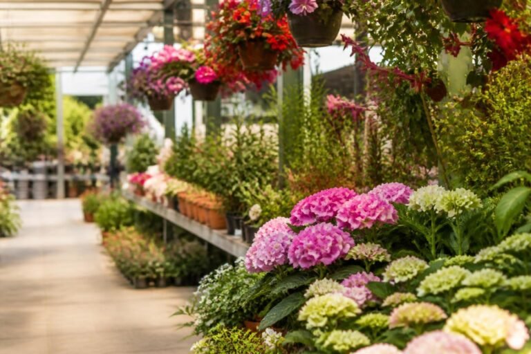 Allée d'une jardinerie avec plantes et fleurs près d'Alès
