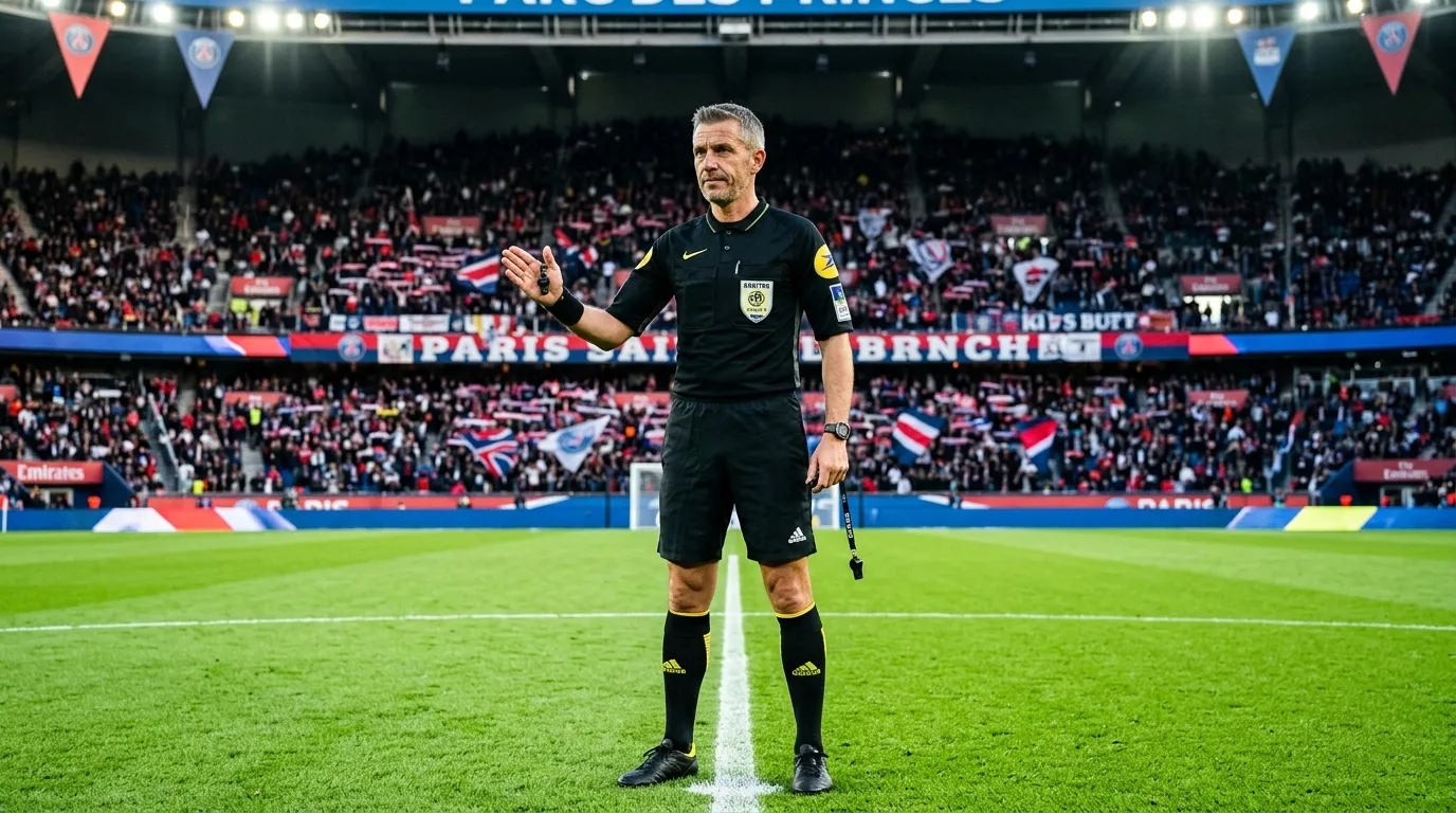 Arbitre en noir sur terrain de football devant supporters