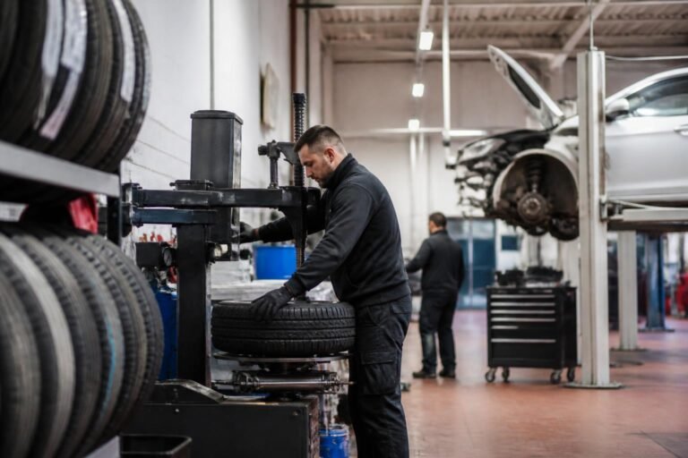 Atelier d'un centre auto avec espace pneumatiques et entretien
